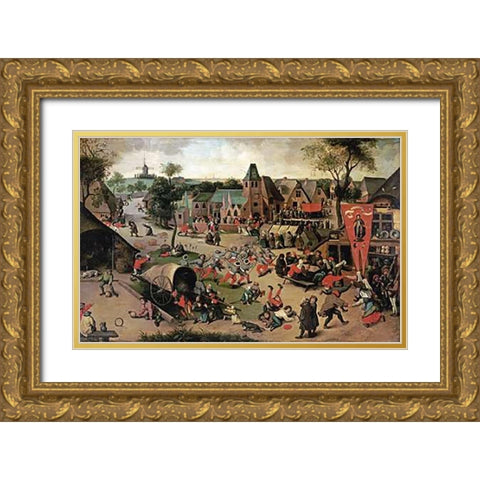 A Carnival On The Feastday of Saint George Gold Ornate Wood Framed Art Print with Double Matting by Grimmer, Abel