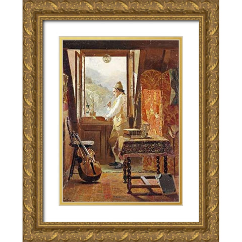 At The Window Gold Ornate Wood Framed Art Print with Double Matting by Grison, Francois Adolphe