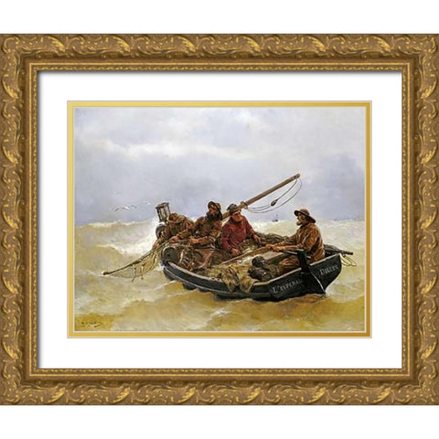 Drawing In The Catch Gold Ornate Wood Framed Art Print with Double Matting by Haguette, Georges Jean Marie