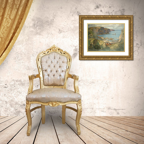 An East Coast Fishing Village Gold Ornate Wood Framed Art Print with Double Matting by Hamilton, James Whitelaw
