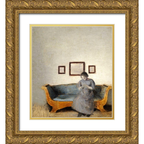 Ida Hammershoi Sitting On a Sofa Gold Ornate Wood Framed Art Print with Double Matting by Hammershoi, Vilhelm
