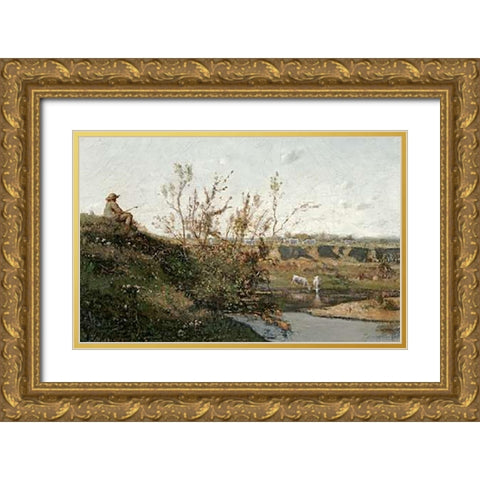 LAbreuvoir Gold Ornate Wood Framed Art Print with Double Matting by Harpignies, Henri-Joseph