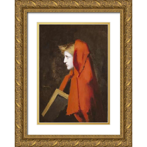 A Woman In Profile Holding a Book Gold Ornate Wood Framed Art Print with Double Matting by Henner, Jean Jacques