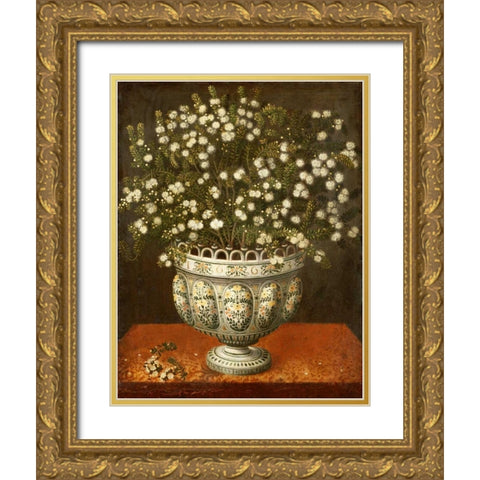 Myrtle In a Vase On a Draped Ledge Gold Ornate Wood Framed Art Print with Double Matting by Hiepes, Tomas