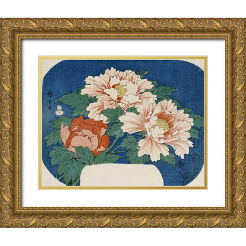 Three Stems of Peonies Gold Ornate Wood Framed Art Print with Double Matting by Hiroshige
