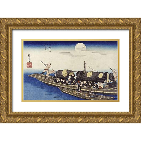 Yodo River Gold Ornate Wood Framed Art Print with Double Matting by Hiroshige