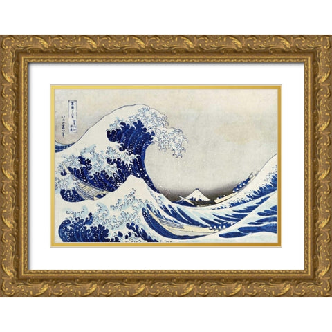 The Great Wave of Kanagawa Gold Ornate Wood Framed Art Print with Double Matting by Hokusai