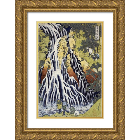 The Kirifuri Waterfall Gold Ornate Wood Framed Art Print with Double Matting by Hokusai