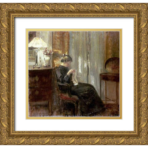 A Woman Sewing In An Interior Gold Ornate Wood Framed Art Print with Double Matting by Holsoe, Carl