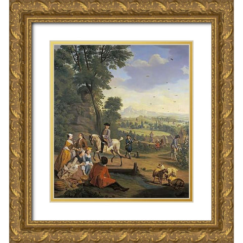 An Elegant Hawking Party Resting In a Park Gold Ornate Wood Framed Art Print with Double Matting by Horemans, Jan Josef