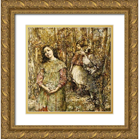 Gathering Snowdrops Gold Ornate Wood Framed Art Print with Double Matting by Hornel, Edward Atkinson