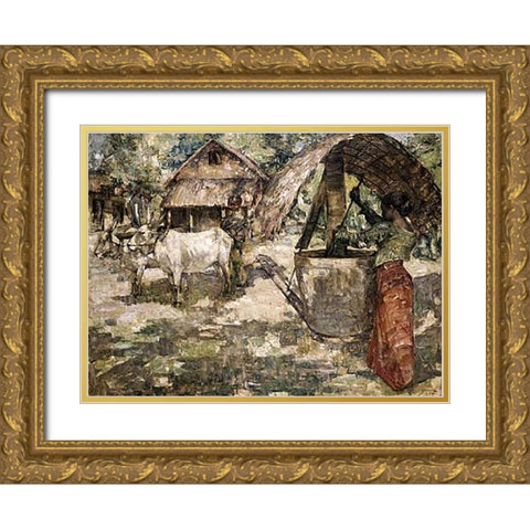 Milling Grain, Ceylon Gold Ornate Wood Framed Art Print with Double Matting by Hornel, Edward Atkinson