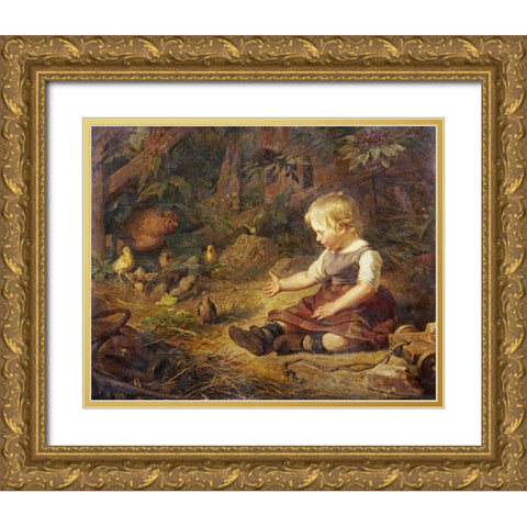 Feeding The Chickens Gold Ornate Wood Framed Art Print with Double Matting by Hornemann, Hans Adolf