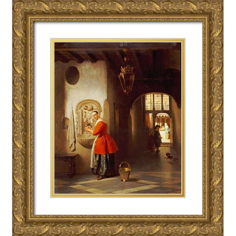 A Maid In a Hallway Gold Ornate Wood Framed Art Print with Double Matting by Van Hove, Hubertus