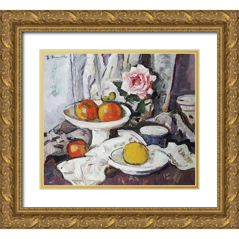 Apples In a White Fruitbowl Gold Ornate Wood Framed Art Print with Double Matting by Hunter, George Leslie
