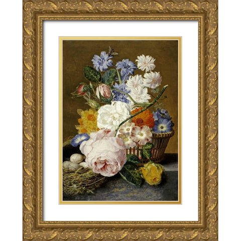 Roses, Morning Glory, Narcissi Gold Ornate Wood Framed Art Print with Double Matting by Van Huysum, Jan