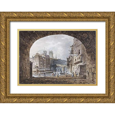 From Under The Arch of St. Michels Bridge, Paris Gold Ornate Wood Framed Art Print with Double Matting by Hill, I.