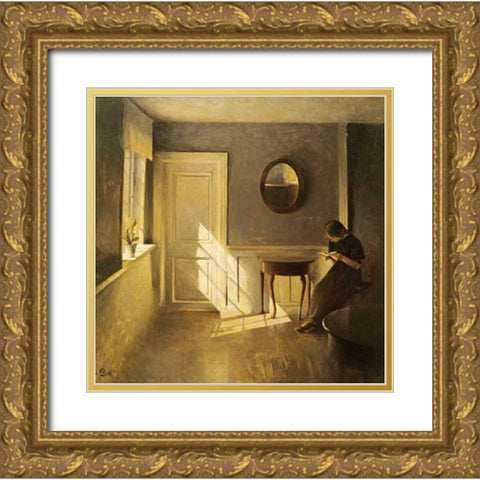 A Girl Reading In An Interior Gold Ornate Wood Framed Art Print with Double Matting by Iisted, Peter