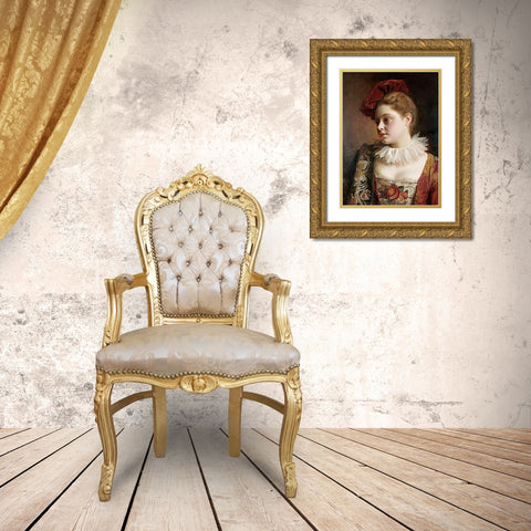 La Tocque Rouge Gold Ornate Wood Framed Art Print with Double Matting by Jacquet, Jean Gustave