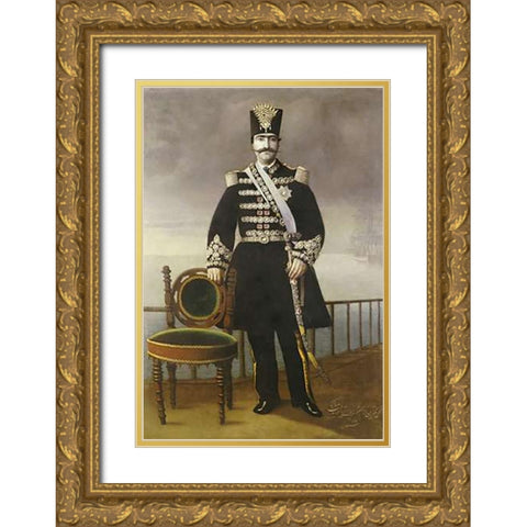 Portrait of Nasir Al-Din Shah Qajar Gold Ornate Wood Framed Art Print with Double Matting by JaFar