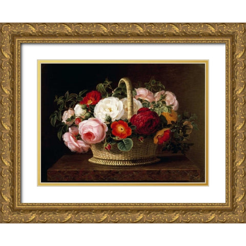 Roses In a Basket On a Ledge Gold Ornate Wood Framed Art Print with Double Matting by Jensen, Johan Laurents