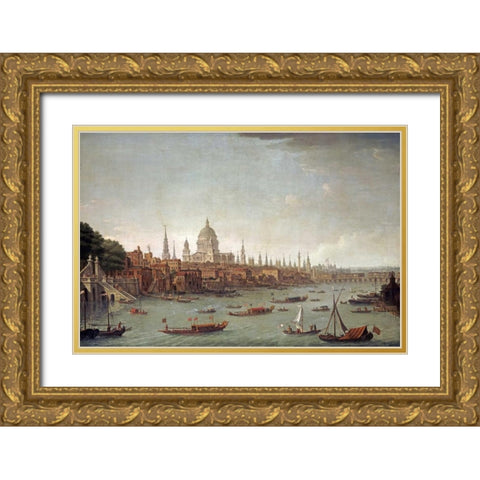 A Panoramic View of The City of London Gold Ornate Wood Framed Art Print with Double Matting by Joli, Antonio