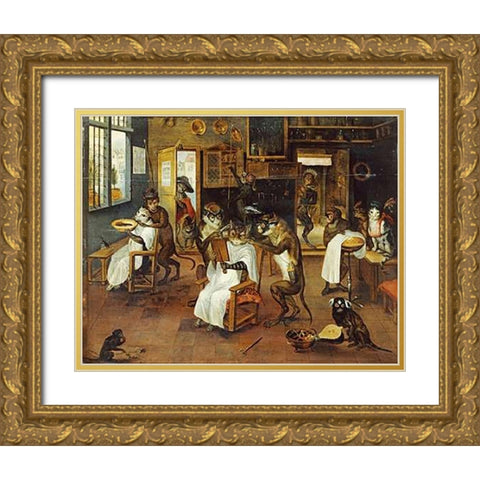A Singerie: Monkey Barbers Serving Cats Gold Ornate Wood Framed Art Print with Double Matting by Van Kessel, Jan
