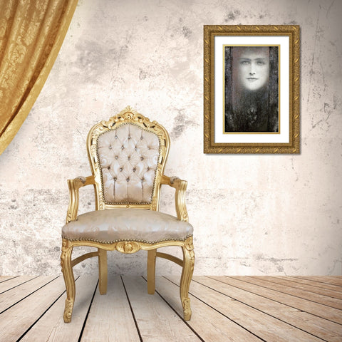 The Mask, with a Black Curtain Gold Ornate Wood Framed Art Print with Double Matting by Khnopff, Fernand