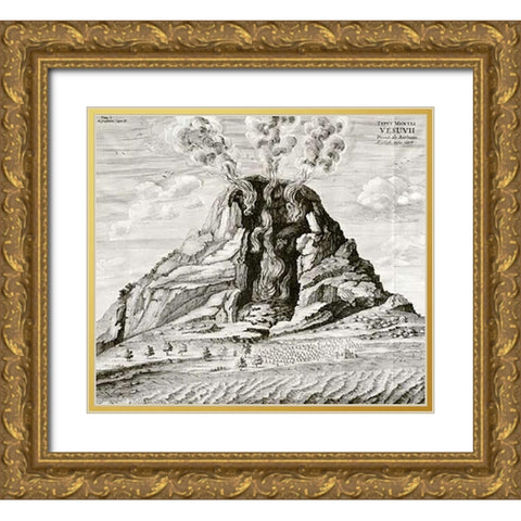Engraving of Vesuvius Erupting Gold Ornate Wood Framed Art Print with Double Matting by Kircher, Athanasius