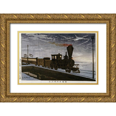 A Steam Locomotive In Hazy Moonlight Gold Ornate Wood Framed Art Print with Double Matting by Kiyochika, Kobayashi