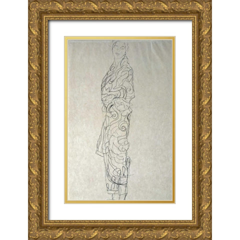 Woman In a Kimono Gold Ornate Wood Framed Art Print with Double Matting by Klimt, Gustav