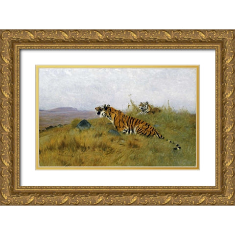 Tigers Stalking Their Prey Gold Ornate Wood Framed Art Print with Double Matting by Kuhnert, Wilhelm