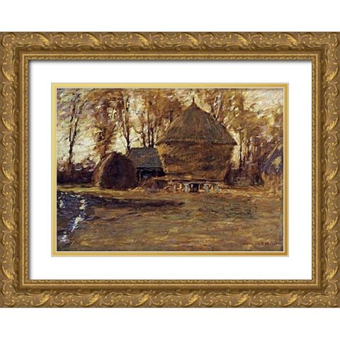 Sussex Hayricks Gold Ornate Wood Framed Art Print with Double Matting by La Thangue, Henry Herbert