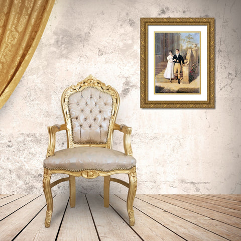 Portrait of a Lady and a Gentleman On The Steps of a Chateau Gold Ornate Wood Framed Art Print with Double Matting by Lagrenee, Anthelme Francois