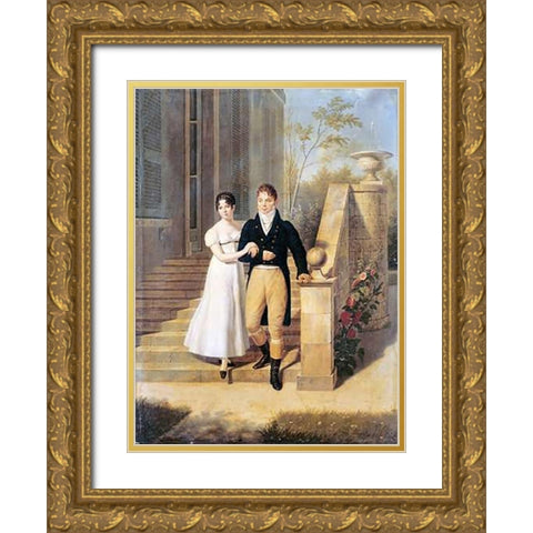 Portrait of a Lady and a Gentleman On The Steps of a Chateau Gold Ornate Wood Framed Art Print with Double Matting by Lagrenee, Anthelme Francois