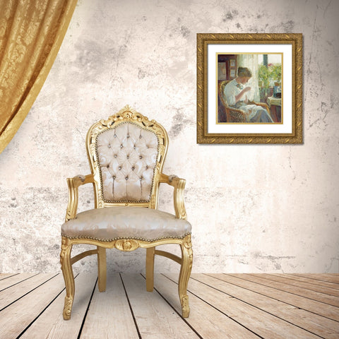 The Seamstress Gold Ornate Wood Framed Art Print with Double Matting by Larsen, Knud Erik