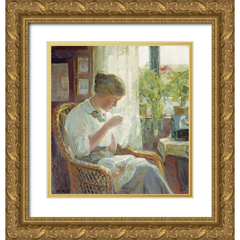 The Seamstress Gold Ornate Wood Framed Art Print with Double Matting by Larsen, Knud Erik