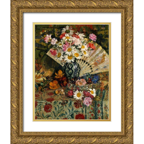 Still Life With a Fan Gold Ornate Wood Framed Art Print with Double Matting by Lemmen, Georges