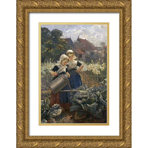 The Little Gardeners Gold Ornate Wood Framed Art Print with Double Matting by Louyot, Edmund