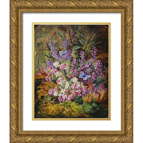 Blue Butterflies and Wildflowers Gold Ornate Wood Framed Art Print with Double Matting by Lucas, Albert Durer