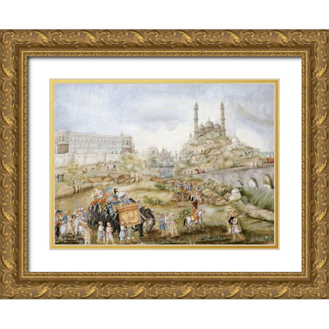 A Hunting Procession Gold Ornate Wood Framed Art Print with Double Matting by Lucknow School
