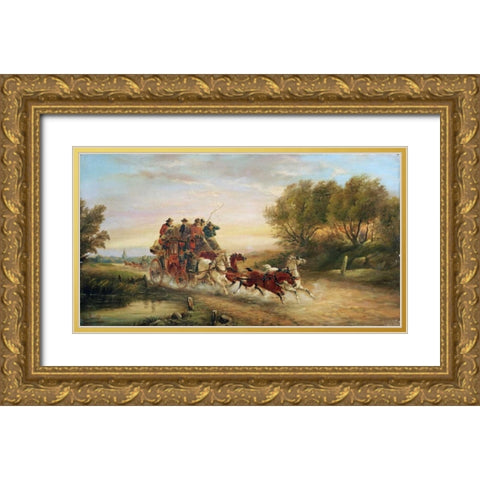The Oxford To London Mail Coach Gold Ornate Wood Framed Art Print with Double Matting by Maggs, John Charles