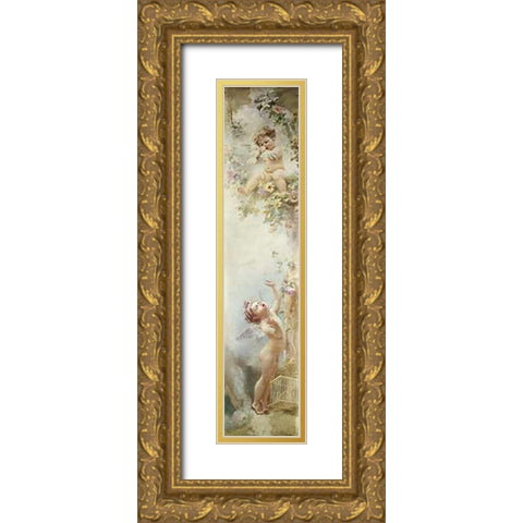 Putti Disporting Gold Ornate Wood Framed Art Print with Double Matting by Makowsky, Constantin