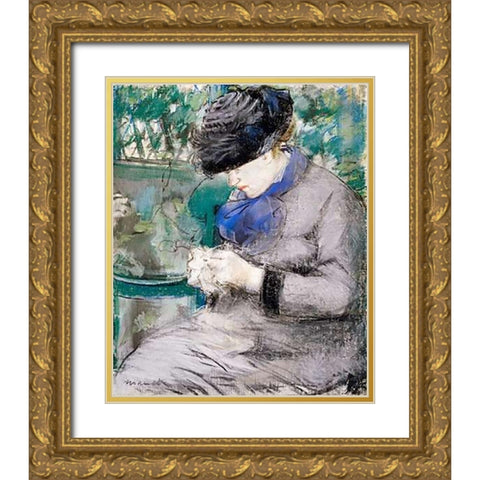 Girl Sitting in the Garden Knitting, 1879 Gold Ornate Wood Framed Art Print with Double Matting by Manet, Edouard