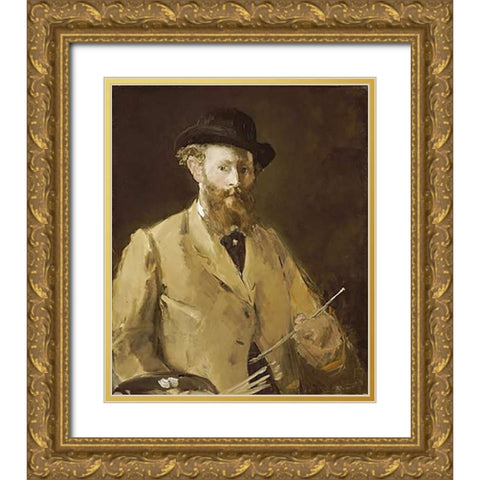 Self Portrait with a Palette Gold Ornate Wood Framed Art Print with Double Matting by Manet, Edouard