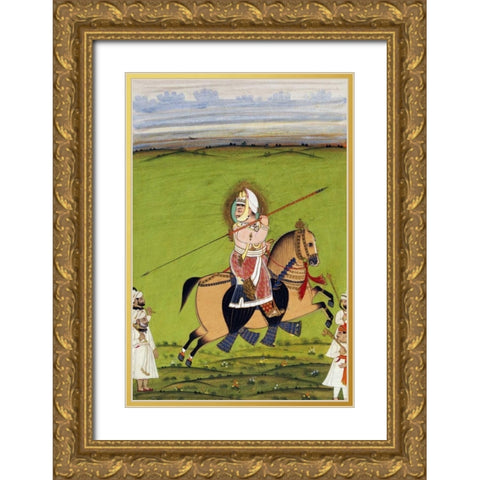 Equestrian Portrait of Maharana Jawan Singh Gold Ornate Wood Framed Art Print with Double Matting by Mewar, Tara