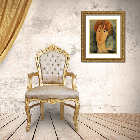 A Young Woman Gold Ornate Wood Framed Art Print with Double Matting by Modigliani, Amedeo