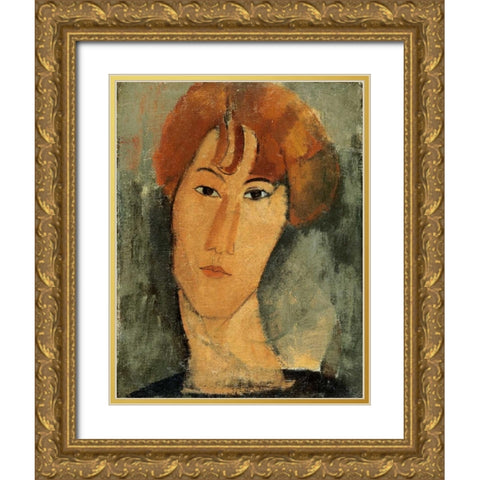A Young Woman Gold Ornate Wood Framed Art Print with Double Matting by Modigliani, Amedeo
