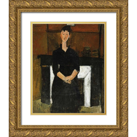 Woman Sat By a Fireplace Gold Ornate Wood Framed Art Print with Double Matting by Modigliani, Amedeo
