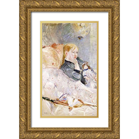 Young Girl With a Puppet Gold Ornate Wood Framed Art Print with Double Matting by Morisot, Berthe